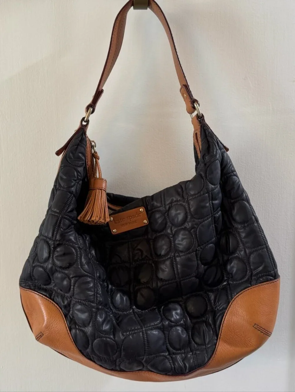 kate spade Black Quilted Shoulder Bag with Tan Leather Trim and Tassels